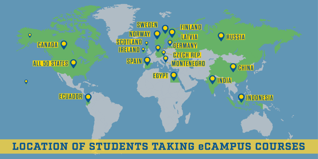 Map of UAF eCampus students located in all 50 states and in 17 countries 